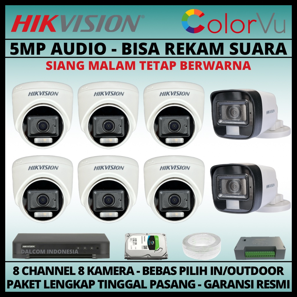 PAKET CCTV HIKVISION COLORVU 5MP 8 CHANNEL 8 KAMERA COLORFUL