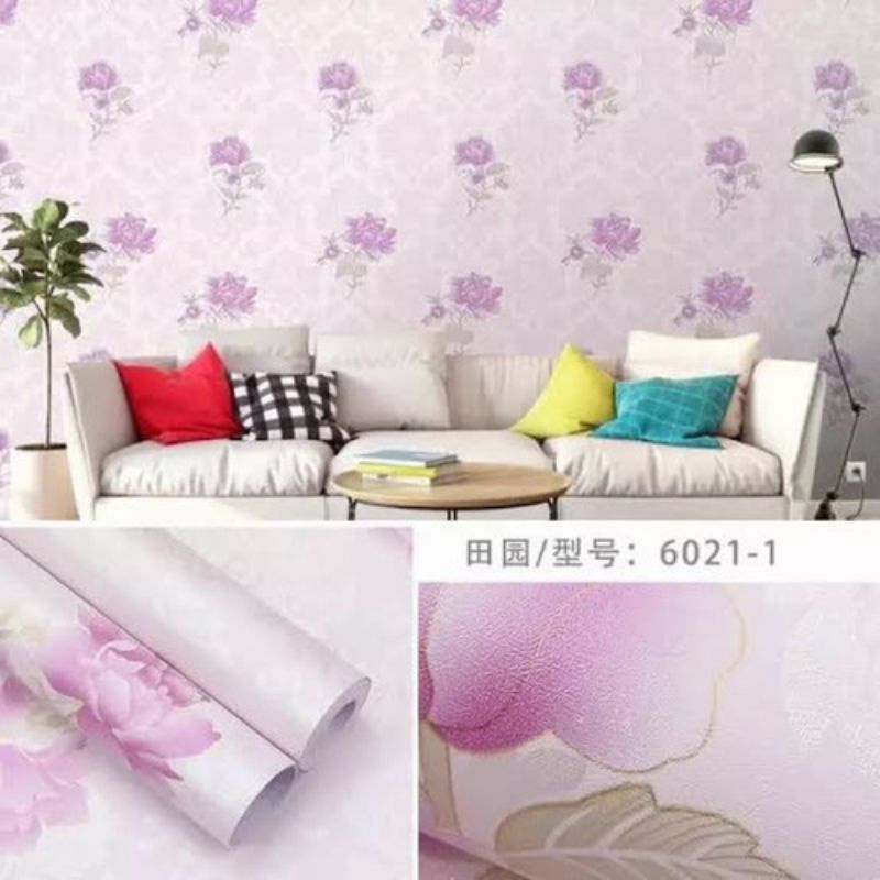 Wallpaper Sticker Dinding Motif Batik Bunga Mawar Ungu