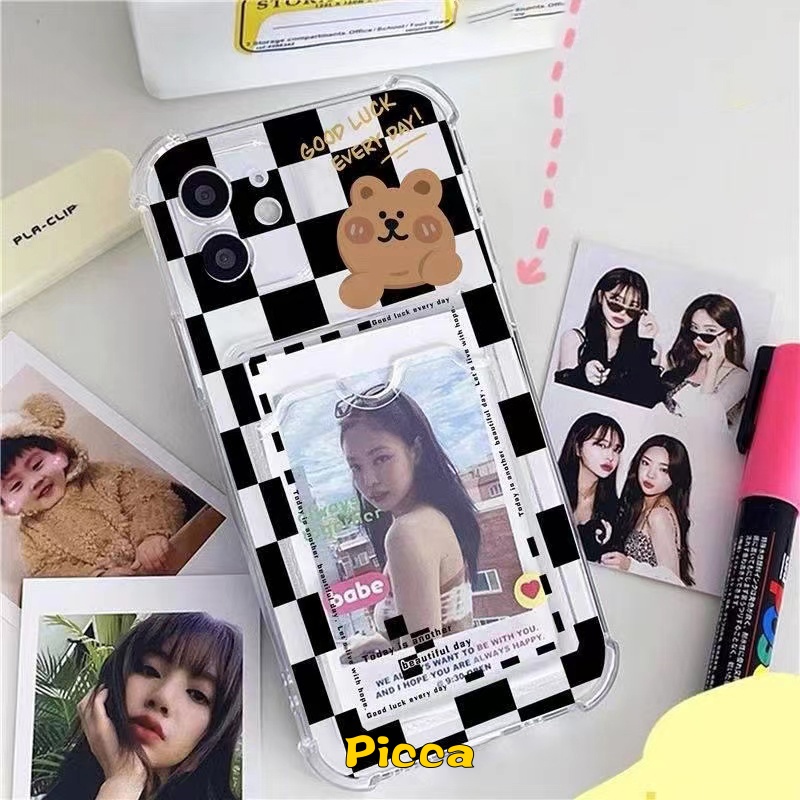 Tempat Kartu Slot Dompet Kotak-Kotak Sederhana Case Transparan Realme C25Y C30 10 Pro C21Y C11 2021 C25s 9i 5i C20 C20A C12 C11 2020 5s 5 C3 C25 Tempat Tas Kartu Beruang Kartun Soft Cover