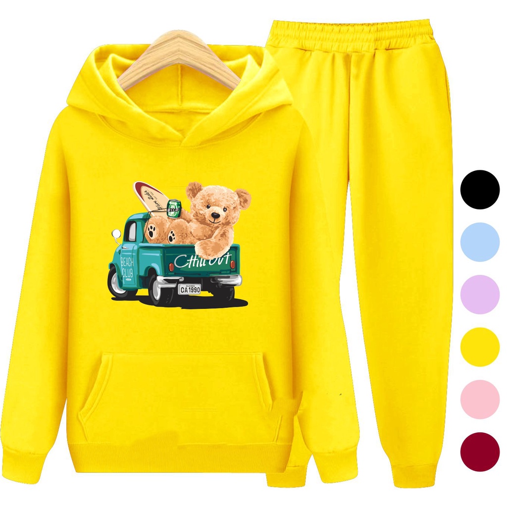 Setelan Sweater Anak + Celana TEDDY TRUCK / Set Sweater Hoodie Anak Laki - Laki Perempuan Kekinian Viral Terbaru