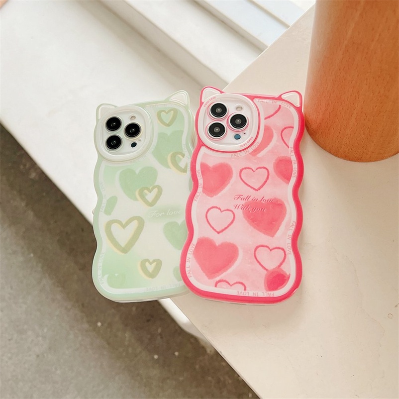 Soft Case Bahan Kulit Anti Jatuh Untuk Compatible for iPhone 14 13 12 11 Pro Max iPhone X Xr Xs Max SE 2020 iPhone 8 7 6 6s Plus Fashion Love Heart Transparent Phone Case Square Straight Cube Shockproof Cat Ear Phone Case Anti-fall Soft TPU Back Cover