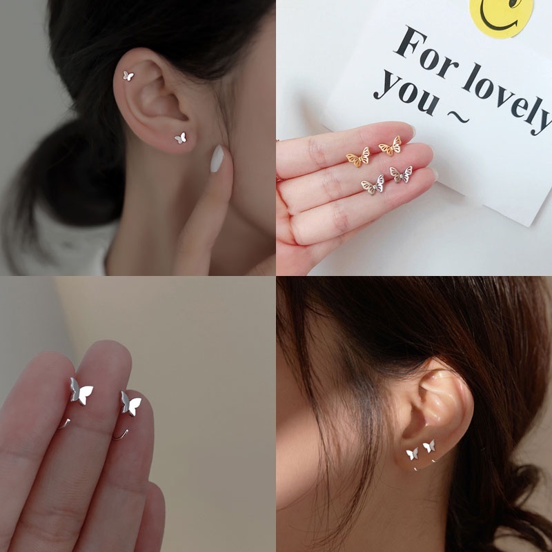 1 Pasang Anting Bentuk Kupu-Kupu Mini Bahan S925 Silver Gaya Korea Untuk Wanita