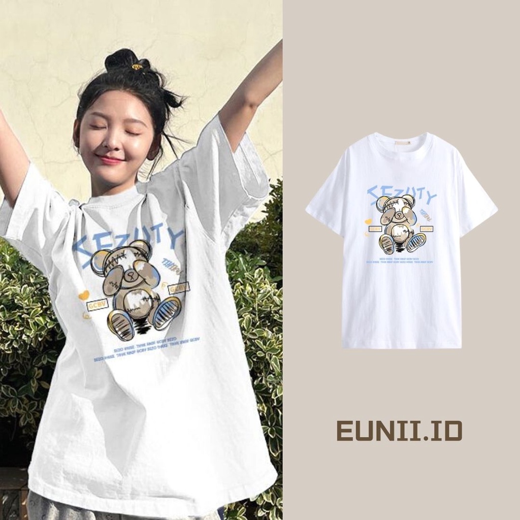 EUNII T-shirt Lengan Pendek Dingin Beruang Pencetakan Longgar Korean Style/Kaos Atasan Wanita/Baju Kaus Oversize Wanita