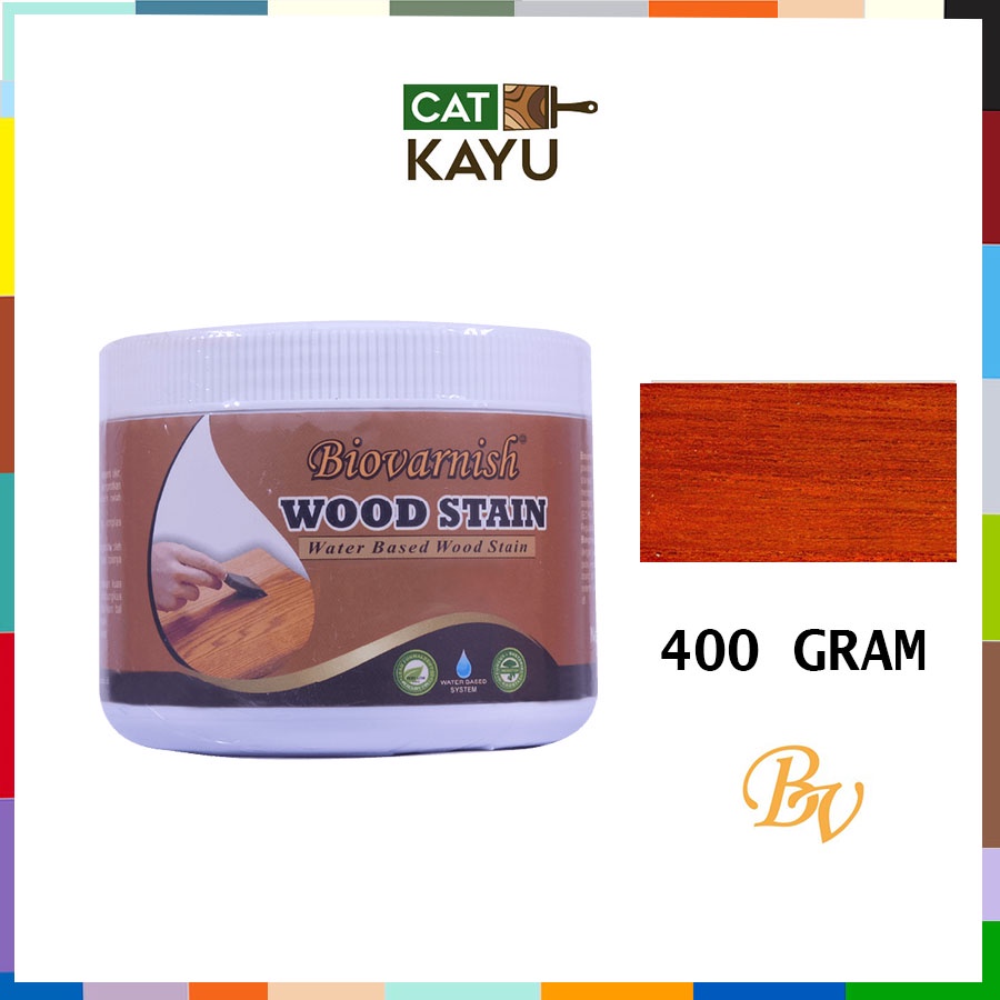 Pernis Woodstain Light Walnut Biovarnish 400 gram Waterbased Cup Cat Kayu Bengkirai Kamper
