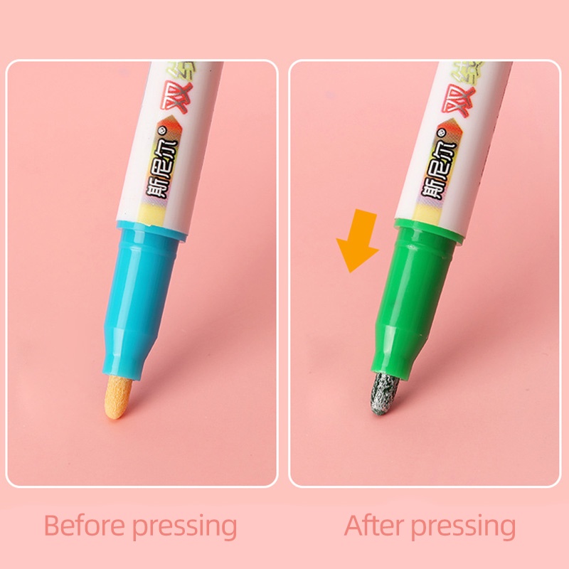 8 / 12 Warna Pena Highlighter Kontur Garis Ganda Glitter Warna-Warni Untuk Siswa