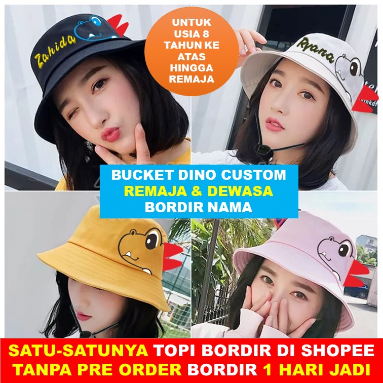 Topi Bucket Dino Custom Bordir Nama Dinosaurus Usia 7 Tahun ke atas Remaja & Dewasa