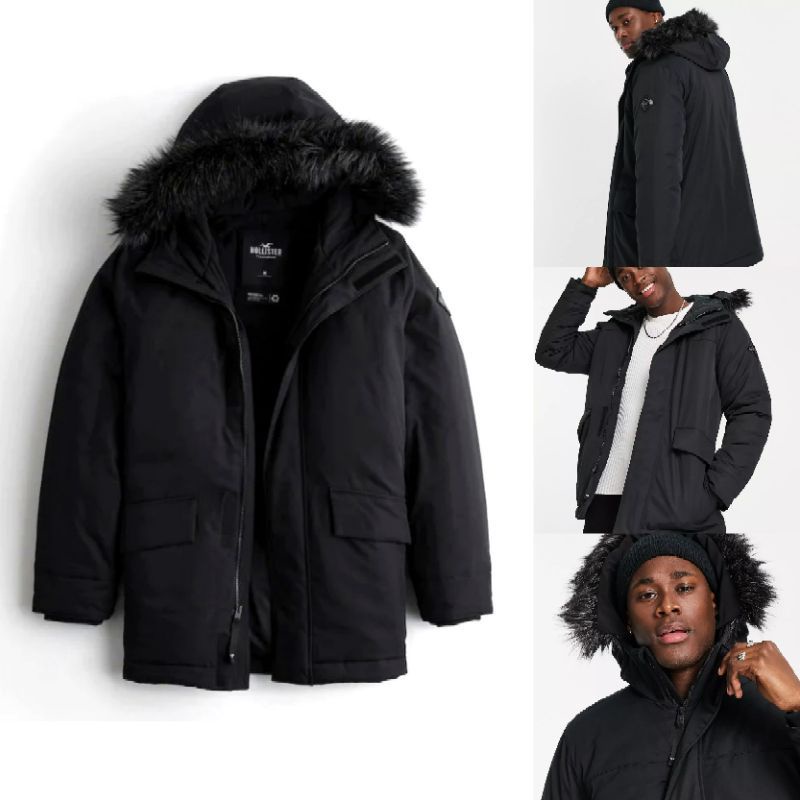 JAKET WINTER MUSIM DINGIN PRIA HLR FAUX FUR HOODED PARKA JACKET OUTDOOR BLACK