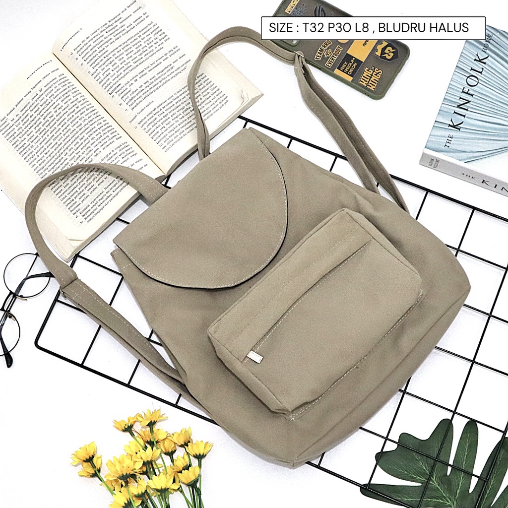 Bayar di Tempat COD Tas Ransel Serut Bahan Kanvas KANTONG Depan Ukuran Medium tas punggung wanita-Warna 671