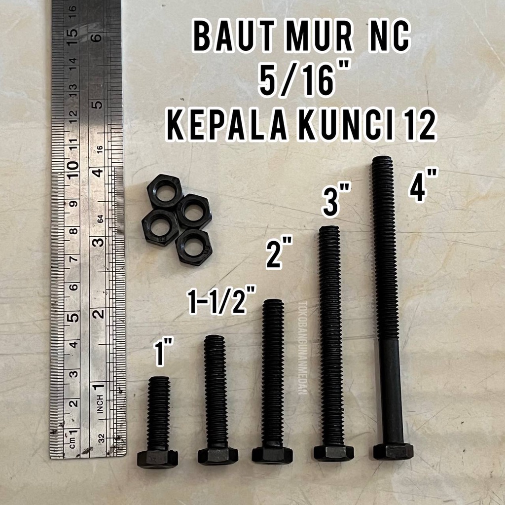 BAUT MUR HITAM 5/16 INCH - KEPALA KUNCI 12 MM DRAT KASAR