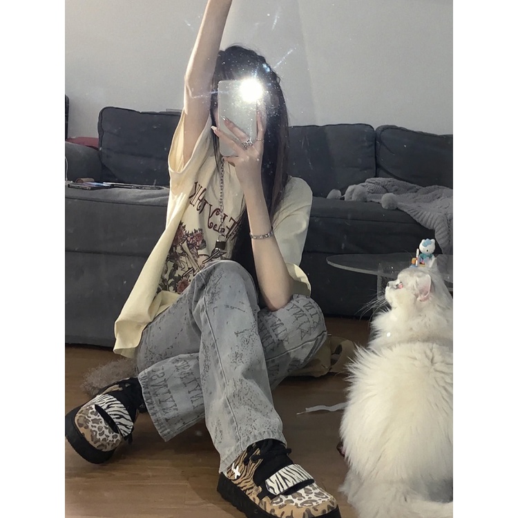 [100%  Katun]Flowers Kaos Lengan Pendek Cream Atasan Wanita Oversize Printed T-shirt Kekinian Korean Style