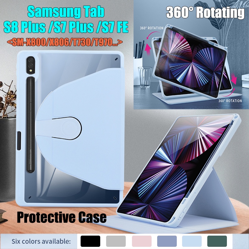 Casing Tablet Untuk Samsung Galaxy Tab S7 FE S8 Plus S8+ S7+ 12.4&quot; SM-X800 SM-X806 SM-T730 SM-T733 SM-T736B SM-T970 SM-T976B Akrilik Bening360° Cover Pelindung Flip Stand Putar