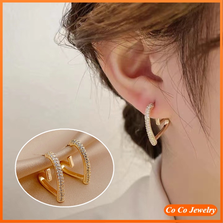 Anting Stud Bentuk Hati Geometris Bahan 925 Silver Zirconium Metal Gaya Korea Untuk Wanita