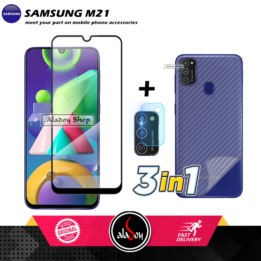 PROMO 3 IN 1 PAKET Tempered Glass SAMSUNG M21 Free Tempered Glass Camera dan Skin Carbon