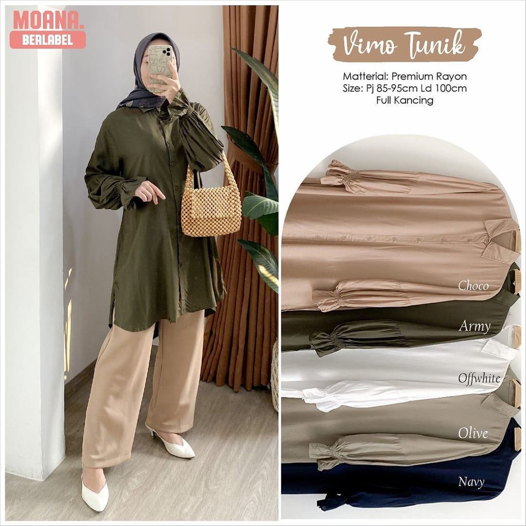 VIMO TUNIK Vintage | Baju Atasan Tunik Polos Kancing Katun Rayon Crinkle Premium Fashion Wanita Rema