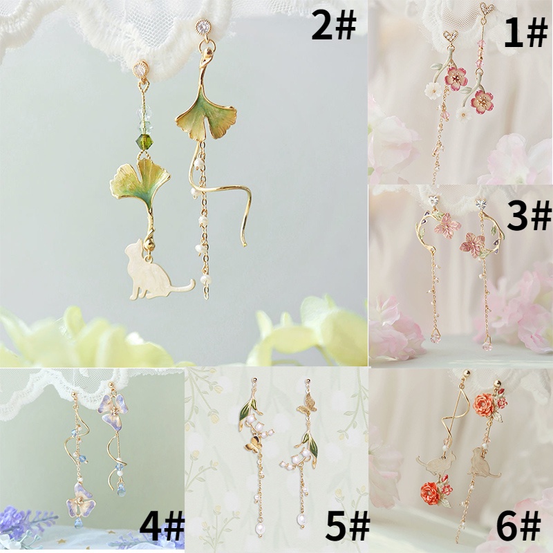 Anting Tusuk Asimetris Bentuk Bunga Peach Blossom Warna Pink Untuk Wanita