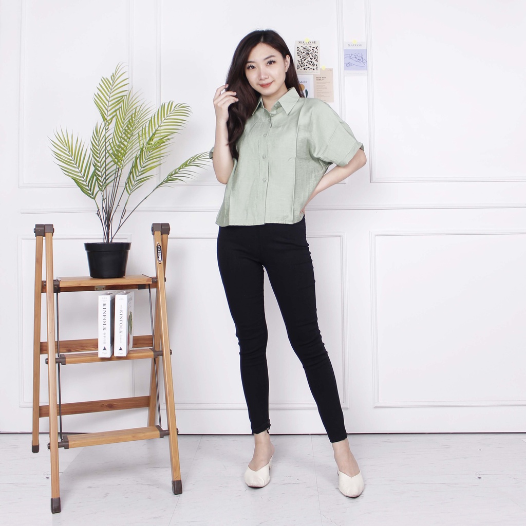 Kemeja Wanita Linen Polos Inju Lengan Pendek / Baju Kerja Wanita / Atasan Wanita Kemeja Kerja