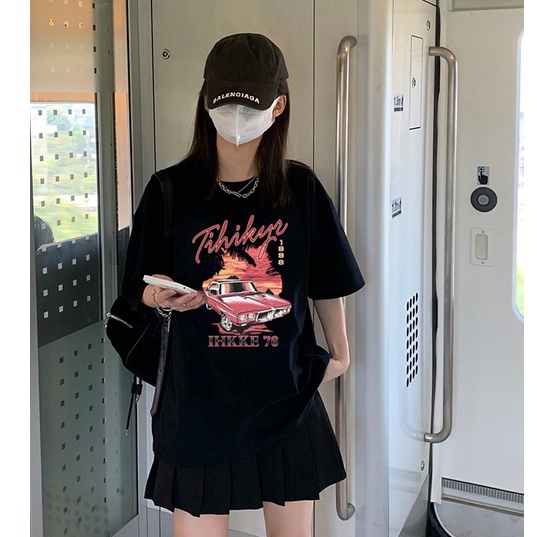 baju kaos wanita letters car graphic printing oversize atasan wanita korean style t shirt loose vintage top