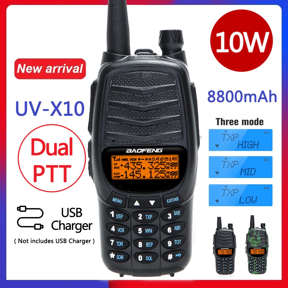 HT UV-X10 Walkie Talkie Dual PTT Two Way 10W High Power 8800 mAH