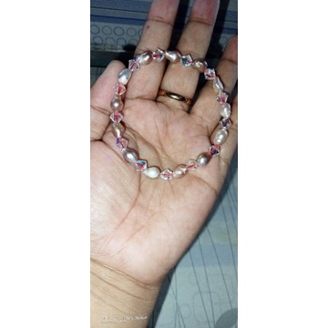 Gelang mewah elegan mutiara air tawar asli Lombok mix kristal Swarovski ORI