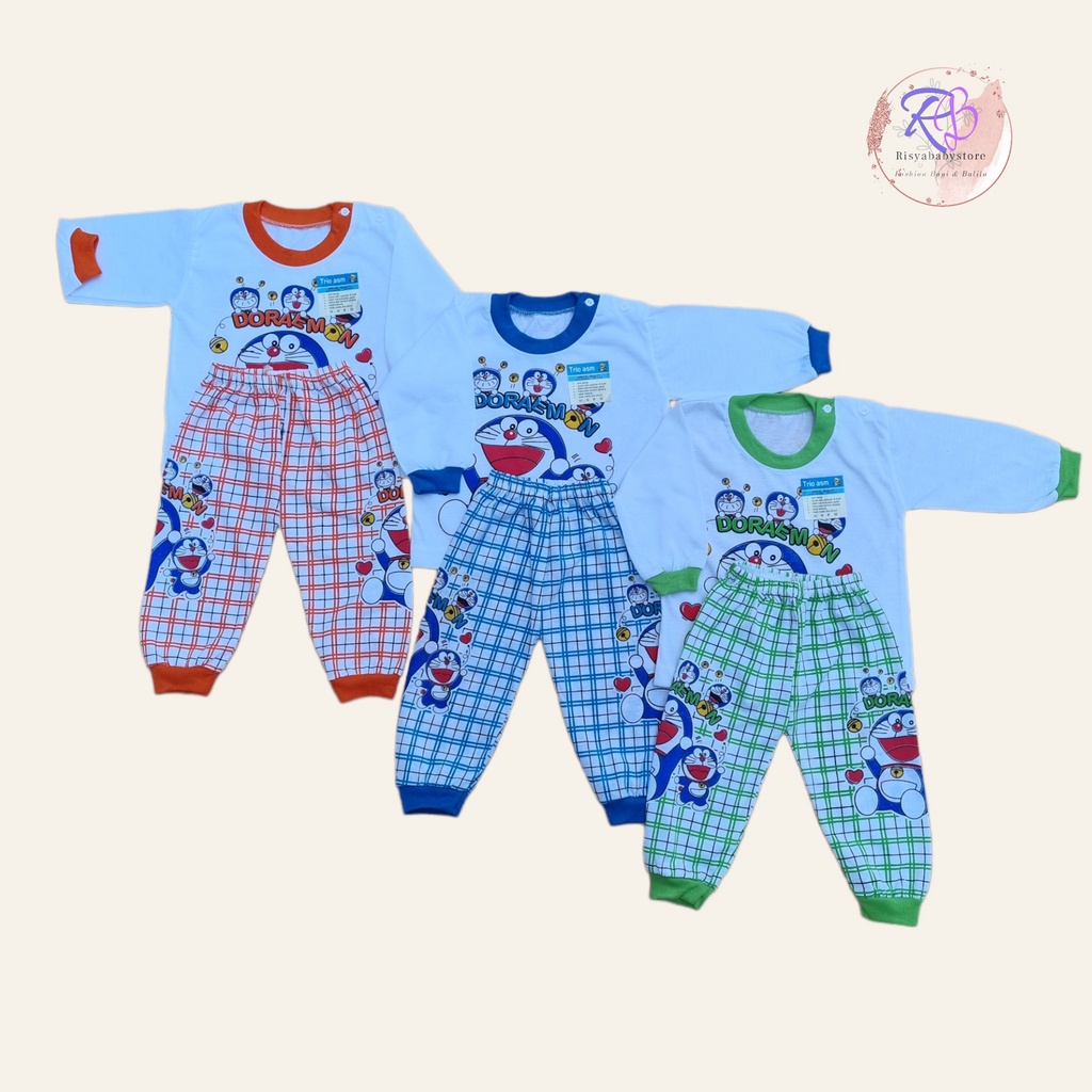 SETELAN BAJU BAYI LENGAN Panjang motif Doraemon usia 3-18 bulan