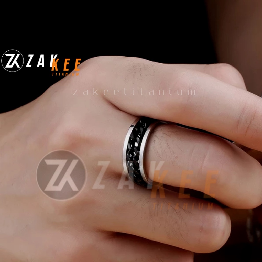 Cincin Pria Wanita Anti Karat Cincen Titanium Silver Rantai Hitam Cowok Cewek Keren