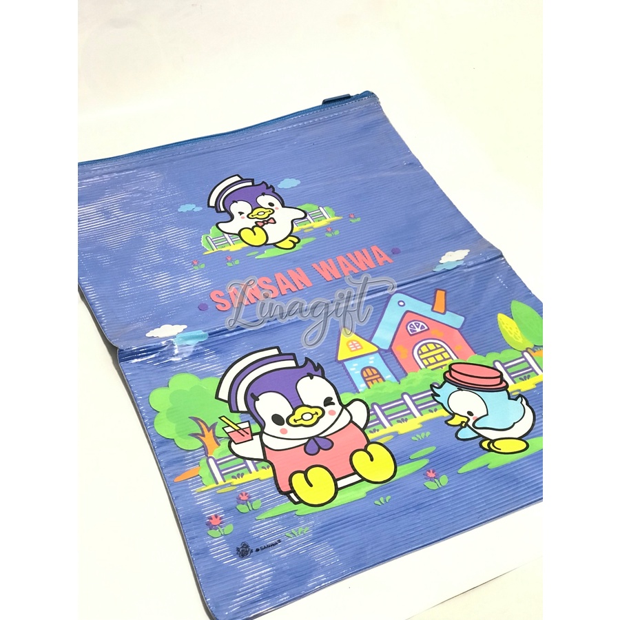 MAP ZIPPER PLASTIK SANWA - SANSAN WAWA UKURAN FOLIO / A3 SELETING ATAS MOTIF PENGUIN GREEN BLUE