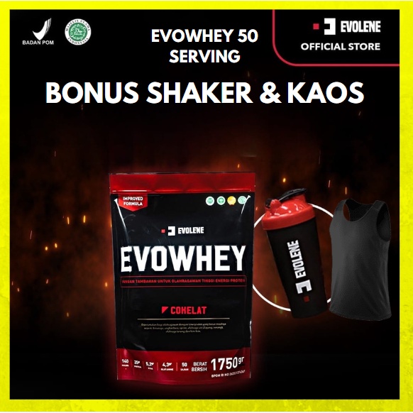 EVO WHEY 50 SERVING / 1,75KG EVOLENE EVOWHEY EVOLENEWHEY SUPLEMEN PROTEIN BPOM HALAL COKLAT HAZELNUT MOKA MOKKA MOCA MOCCA SUSU WHEY EVOLIN EVOLINE