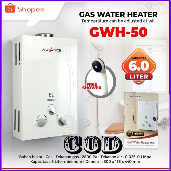 PROMO TERMURAH WATER HEATER ADVANCE GWH-50 Pemanas Air Gas 6 Liter BERGARANSI RESMI 1 MANTAP