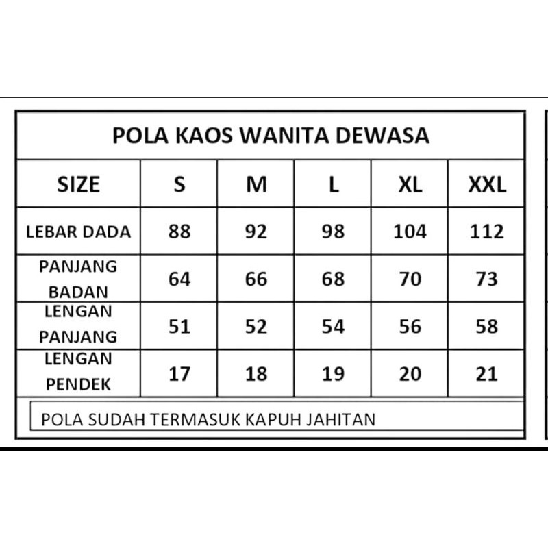 POLA KAOS RAGLAN WANITA DEWASA ( 5 UKURAN )