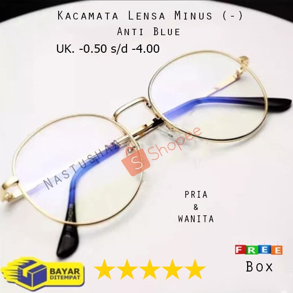 Kacamata Minus Uk. -0.50 s/d -4.00 Anti Radiasi Gold Korea Style Kaca Mata Rabun Jauh Frame Oval Retro Klasik FREECASE