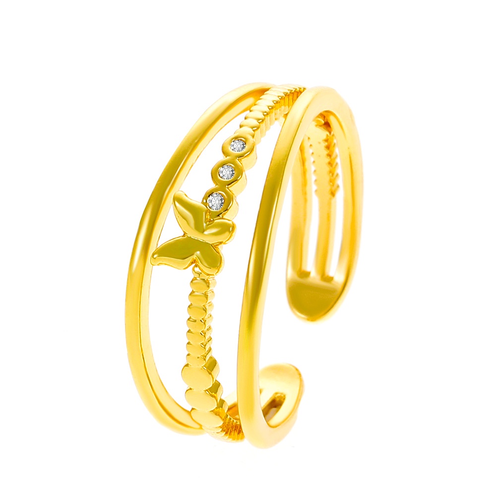 Cincin Model Terbuka Tiga Lapis Desain Kupu-Kupu Hollow Warna Emas Bahan Metal