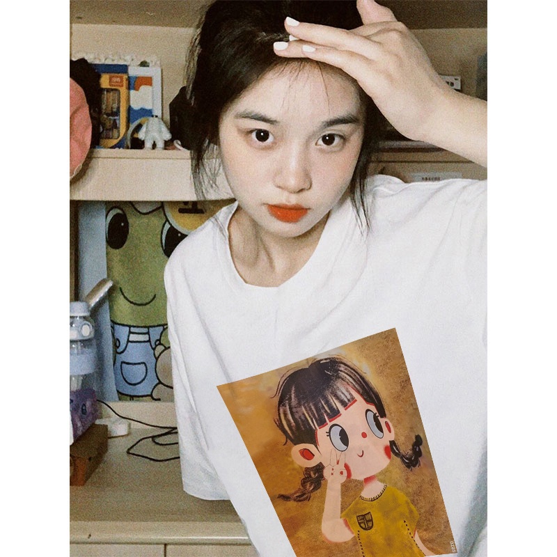 EUNII T-shirt Lengan Pendek Imut Gadis Kecil Pencetakan Longgar Korean Style/Kaos Atasan Wanita/Baju Kaus Oversize Wanita