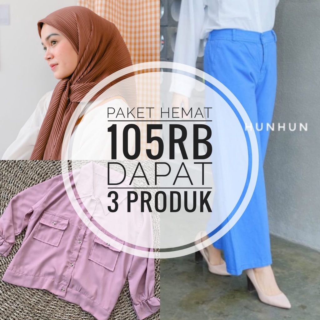 PAKET HEMAT JEANS KULOT + KEMEJA 105RB DAPAT 3 PRODUK (JEANS KULOT, KEMEJA RANITA, PLISKET SEGIEMPAT SHAWL)