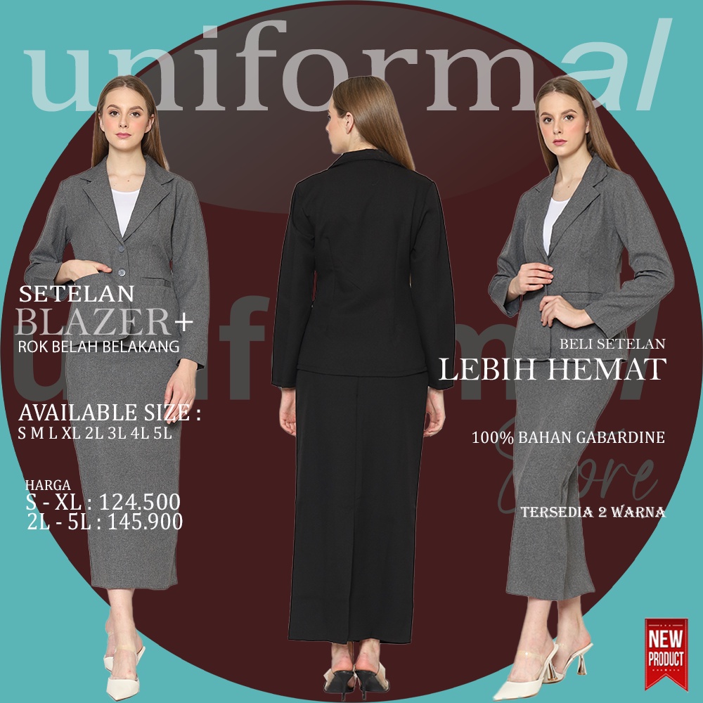 Setelan Blazer Dan Rok Set Panjang BELAH BELAKANG Wanita, Blezer Hitam Abu S - XL Stelan Perempuan Formal Kantor Kerja Korea Bahan Gabardine Import READY STOCK