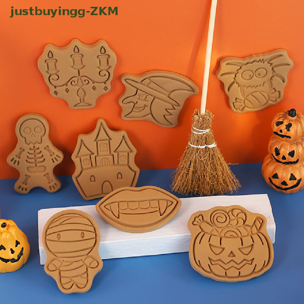 8pcs Cetakan Pemotong Biskuit Cookies Bentuk Kartun Labu Hantu Halloween Bahan Plastik Model Tekan