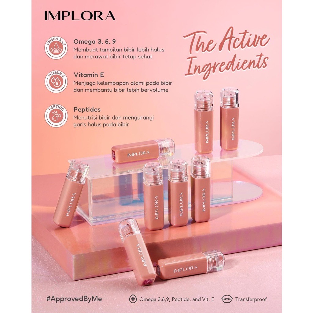 IMPLORA Jelly Tint Indonesia / Juicy Plumpy Lips 5ml / Vitamin E Peptide Omega 3, 6, 9 / Bibir Tampak Bervolume Halus Melembabkan Kulit Bibir Skincare Infused #ApprovedByMe / Transferproof Long Lasting / Cosmetic Lip Makeup Lipstick LipTint / Glossy Gloss