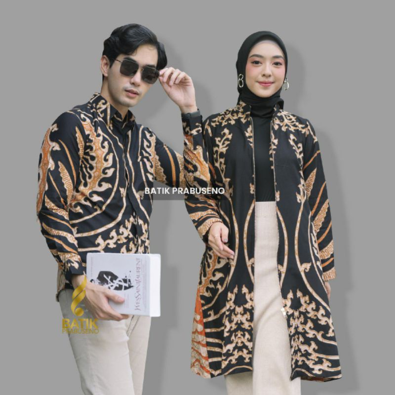 Prabuseno Baju Batik Atasan Couple Motif SAHIBA HITAM Hem Guru Batik Pria Wanita Lengan Panjang Slim