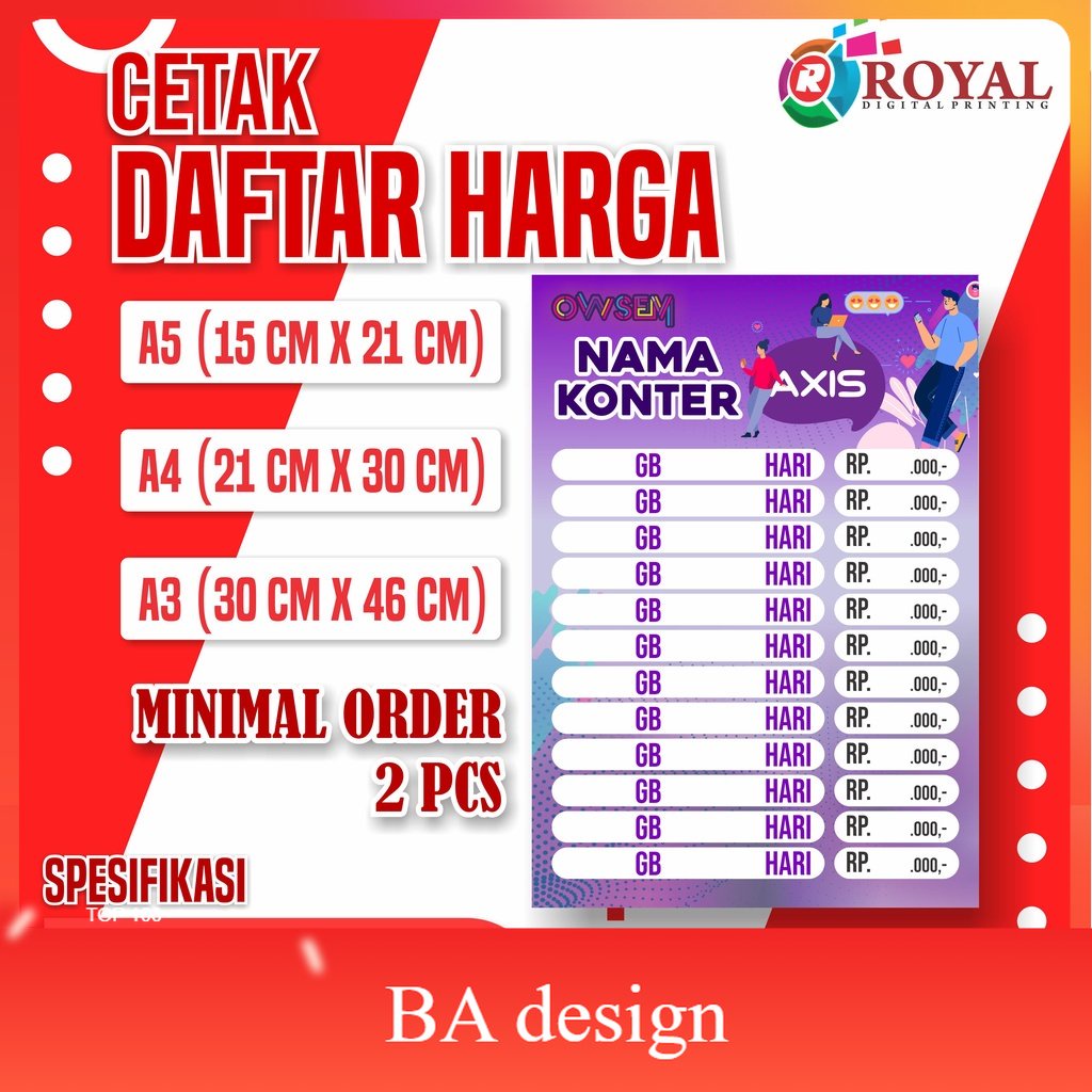 

Poster Konter Daftar Harga Paket Data / poster paket data konter / Daftar Harga Murah Bisa Custom / poster - BA Design