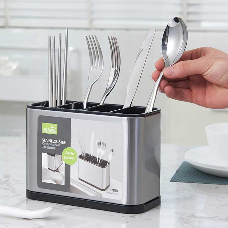 Rak Tempat Wadah Sendok Garpu Sumpit Kitchen Set Desain Minimalis Aesthetic Silver Stainless Steel