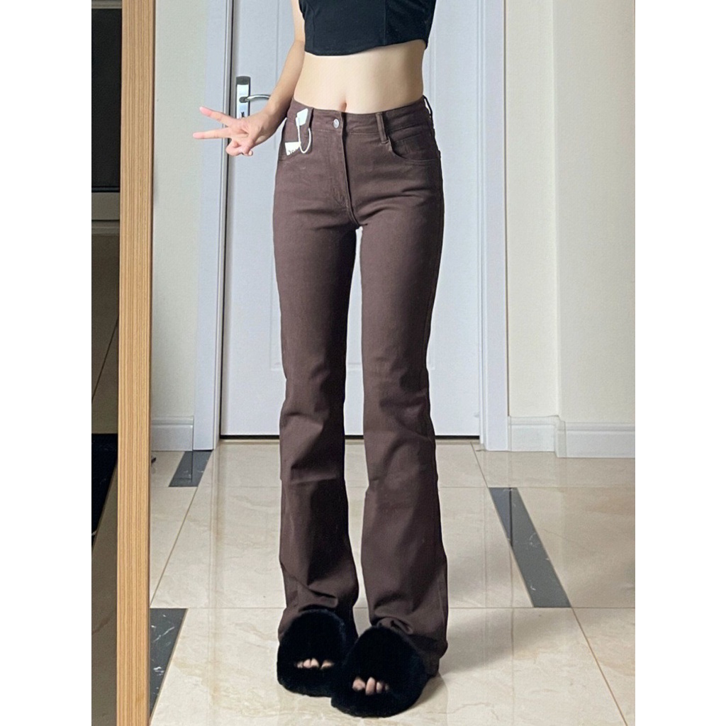 Cokelat skinny high waist cutbray celana jeans panjang wanita