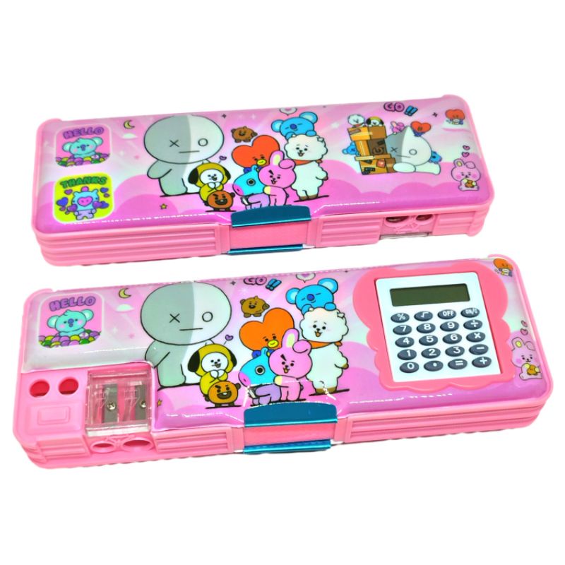 Tempat pensil Anak Kalkulator 2 Sisi + 2 Rautan Magnet Karakter BTS BT21 PN2