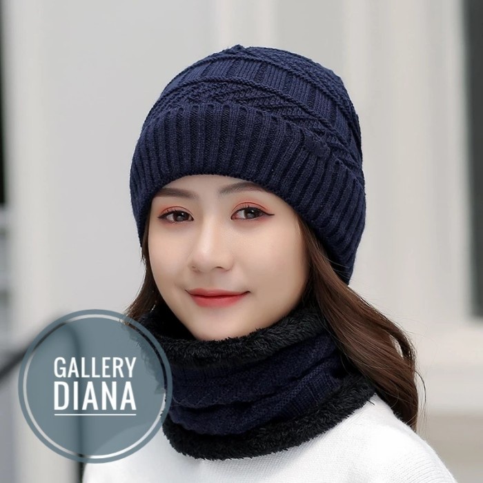 topi wanita Kupluk Tebal Wanita Musim Dingin Tanpa Syal - Navy Blue L4Z3 BEST SELLER topi cewek kore