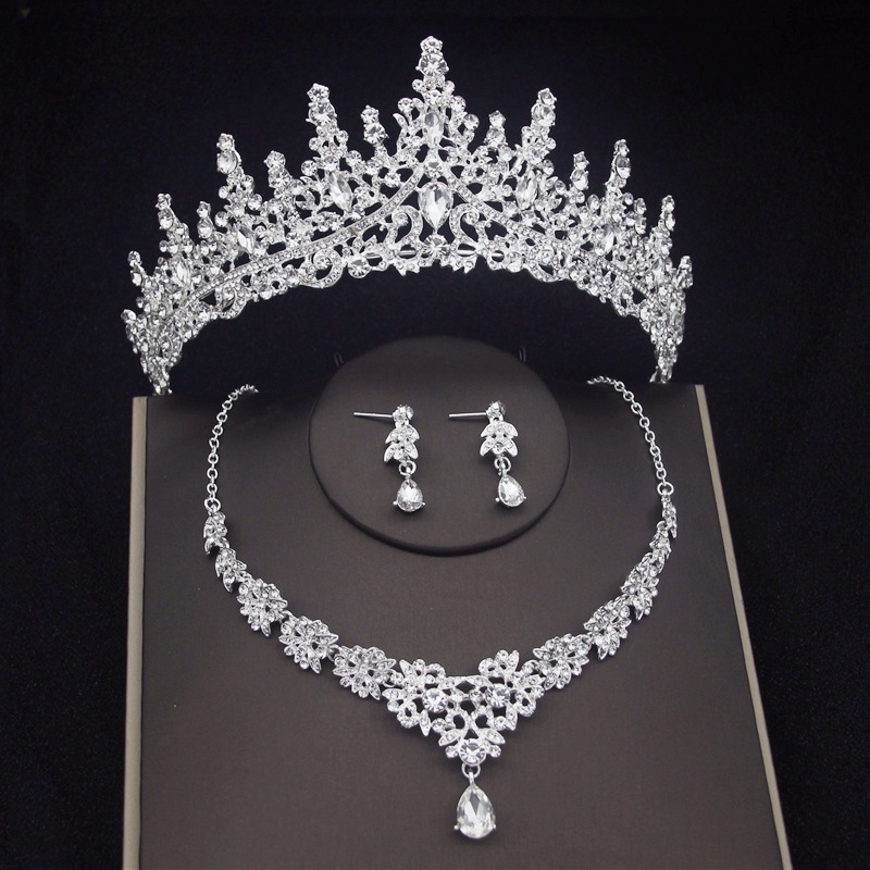 Set Perhiasan Kalung Anting Tiara Mahkota Kristal Untuk Pengantin Wanita