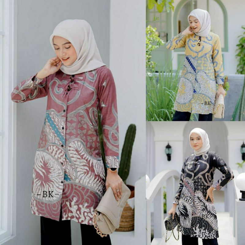 Baju Batik Wanita Modern Atasan Batik Kerja Wanita Kancing Lengan Panjang Tunik Batik Kantor Seragam Batik M L XL XXL