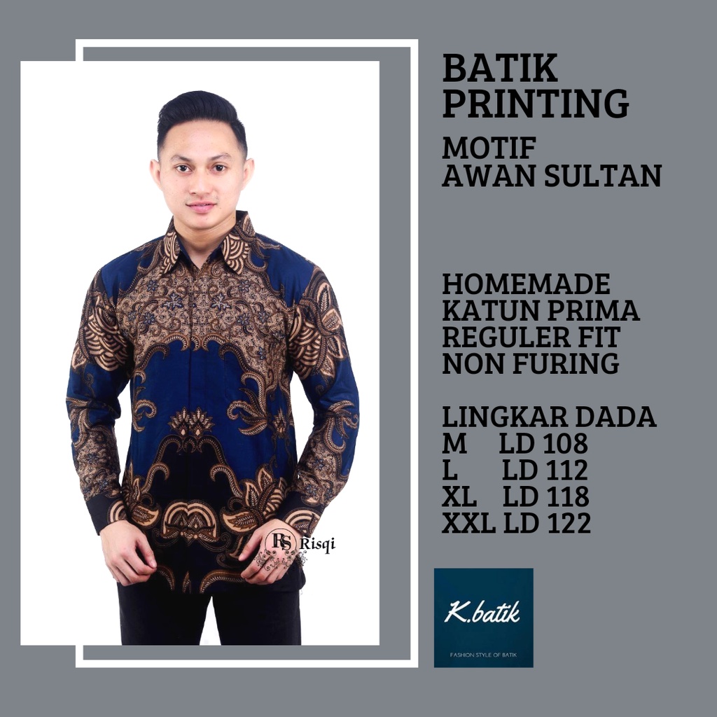 KEMEJA BATIK PRIA LENGAN PANJANG MOTIF AWAN SULTAN NAVI BATIK MODERN BATIK SERAGAMAN KANTORAN BATIK PEKALONGAN BATIK KATUN