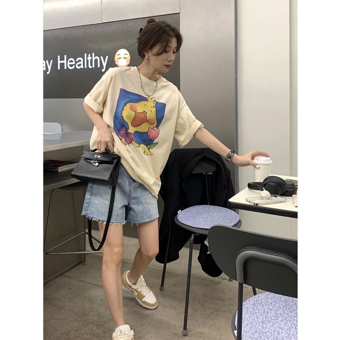 baju kaos wanita duck cartoon graphic printing t shirt korean style baju atasan wanita oversize casual kaos