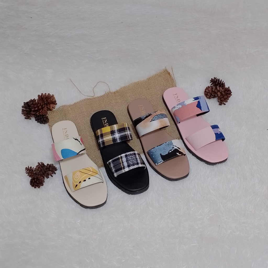 Sandal Wanita Sol Karet Slip On Ban 2 Simple Motif Kekinian Trendi NESANH - HELENA