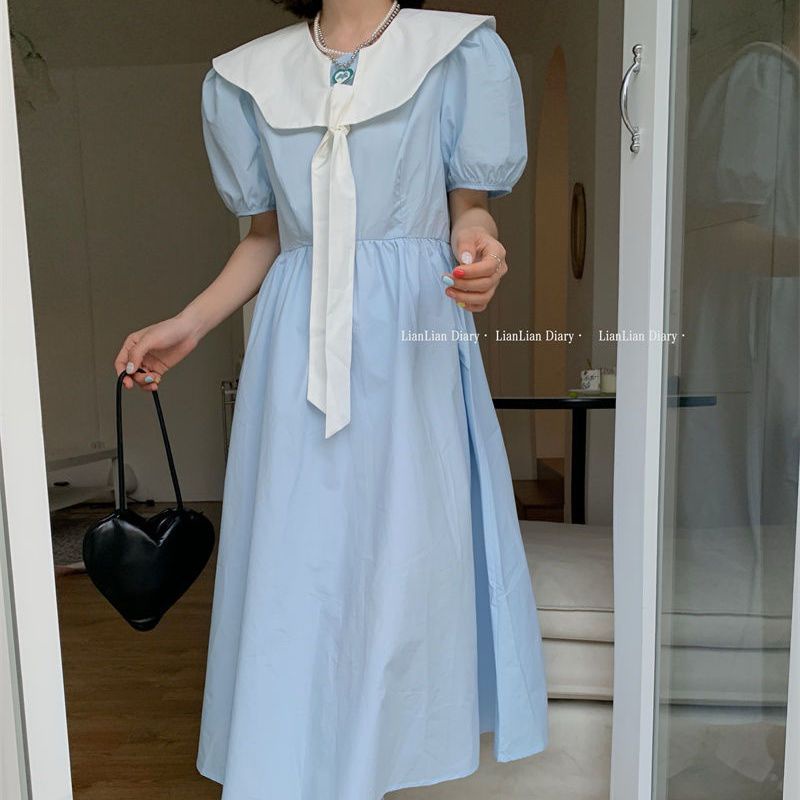 [MikanHiro Store] Korean style chic doll collar dress women's summer French Hepburn hit color matching received waist slim puff sleeves long dress