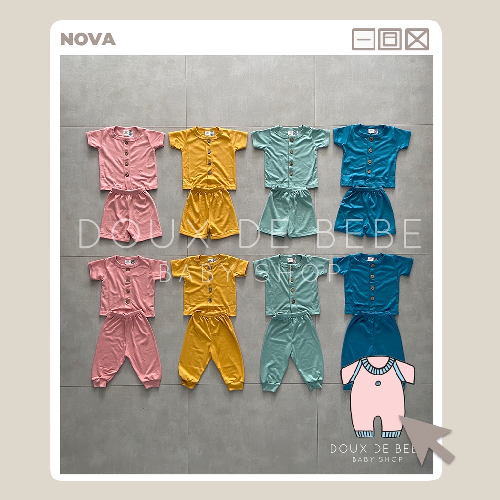 [MOMMYONLINE] NOVA BABY WEAR - Nova Baju Bayi / Nova Ezy Series Natural Color Button Combi Set Plain / Setelan Baju Lengan Pendek Celana Pendek / Setelan Baju Lengan Pendek Celana Panjang 3-6 bulan / 6-12 bulan / 1-2 tahun