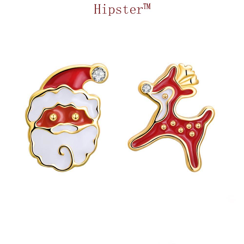 M3066 Anting Tusuk Asimetris Lapis Emas 18K Model Santa Clausrusa Natal Untuk Wanita